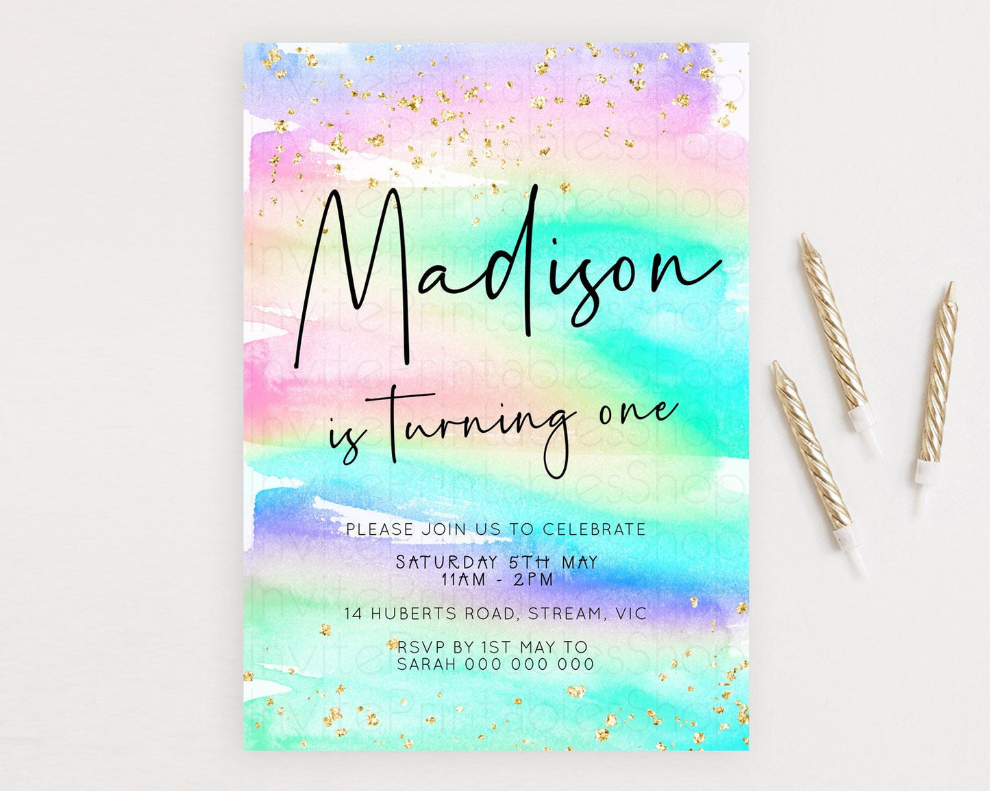 Pastel Birthday Invitation Ombre Watercolor Birthday Invitation Glitter Rainbow Color Splash 1st 2nd 3rd Birthday Invitation D23030