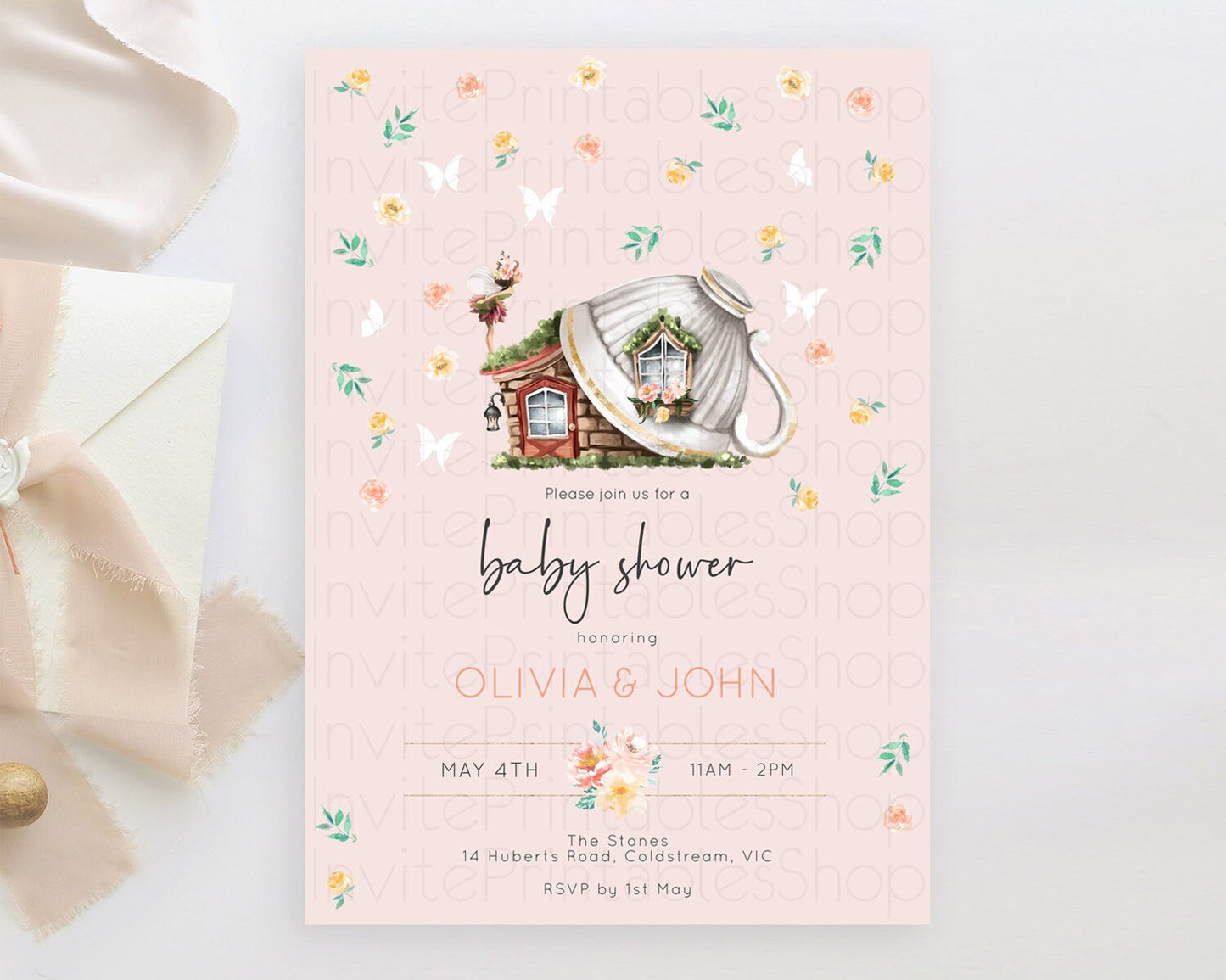 Fairy Baby Shower Invitation Pastel Fairy Invites Fairy Tea Party Fairy Garden Theme Secret Garden Enchanted Garden Floral Butterfly D10384