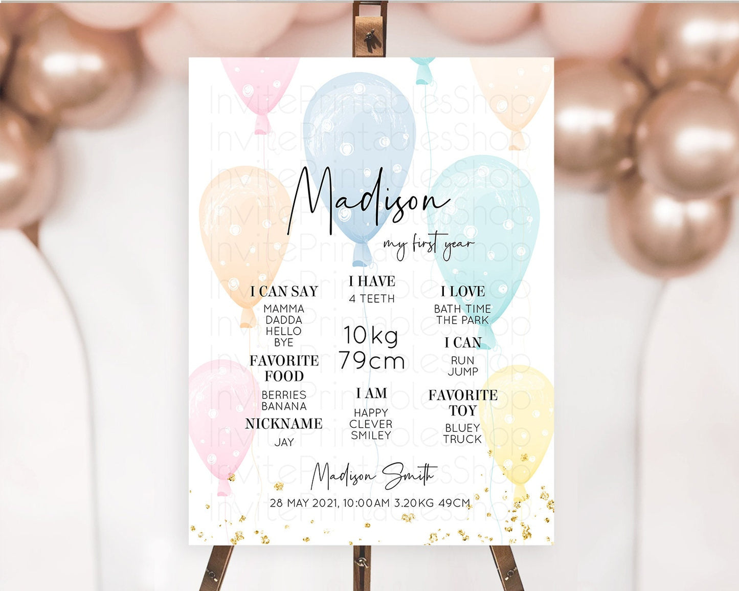 Pastel Balloons First Birthday Milestone Board Colorful Balloon Milestone Poster Rainbow Balloon Confetti 1st Birthday Welcome Sign D10776