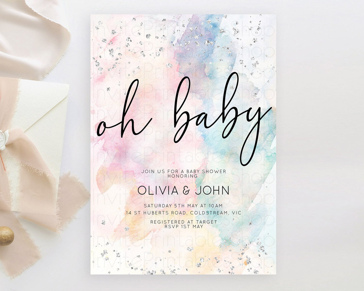 Pastel Baby Shower Invitation Pastel Rainbow Baby Invitation Pastel Watercolor Invitation Colorful Ombre Silver Sprinkles D10945