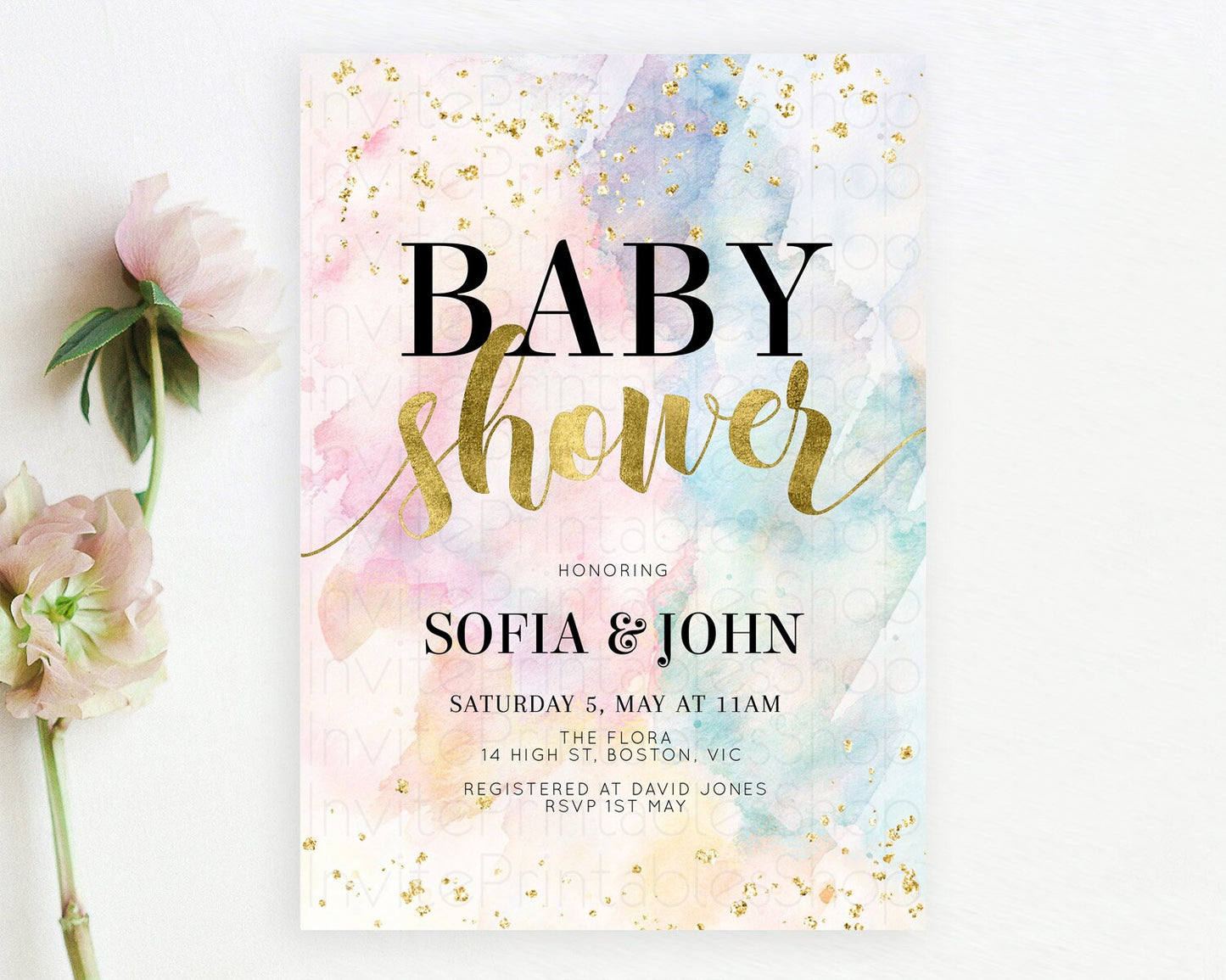 Pastel Baby Shower Invitation Rainbow Baby Shower Invitation Colorful Pastel Watercolor Invitation Gold Glitter Sprinkles Ombre D10265