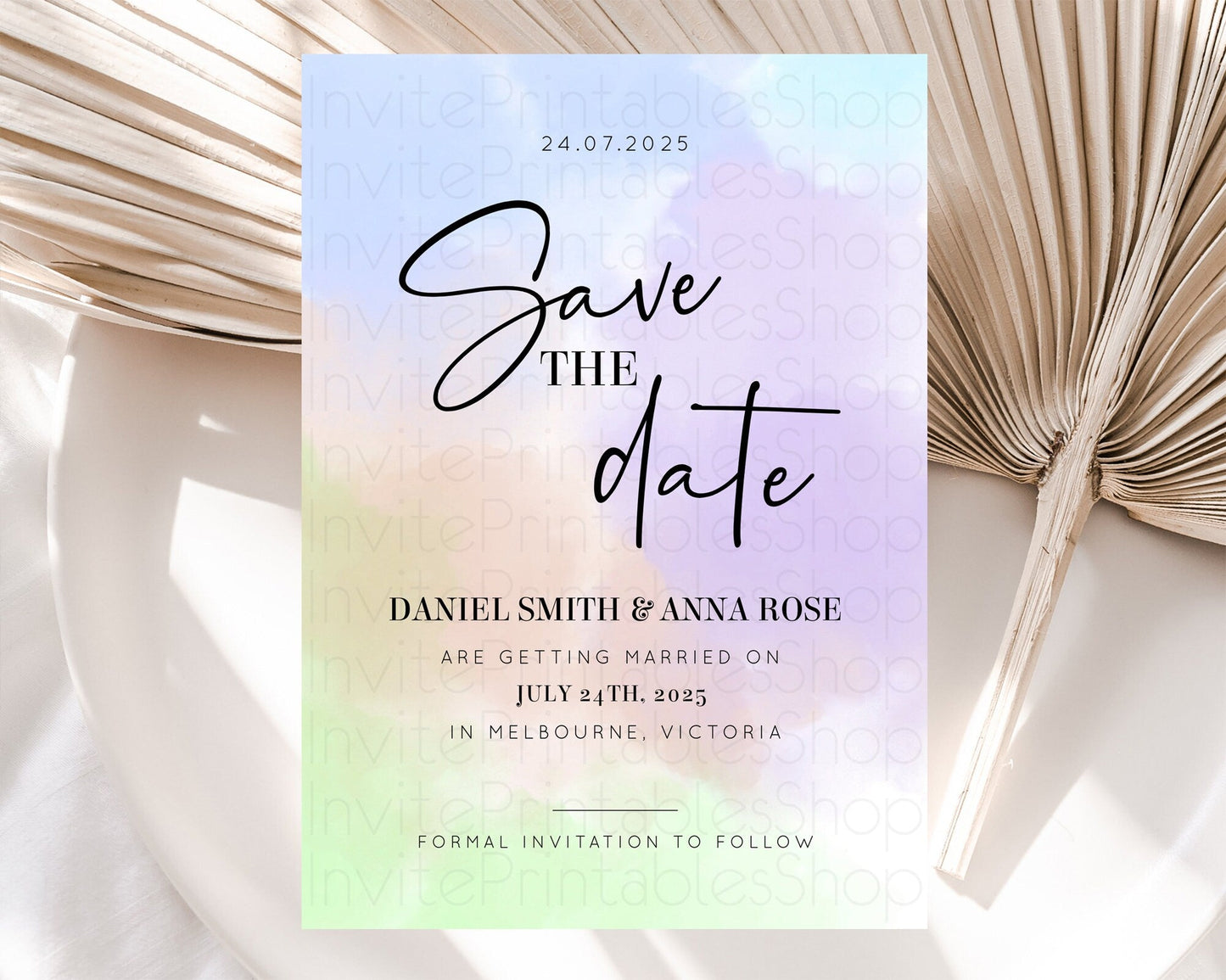 Pastel Save The Date Template Pastel Ombre Rainbow Watercolor Colorful Party For Birthday Baptism Baby Shower Wedding Bridal Shower D10371