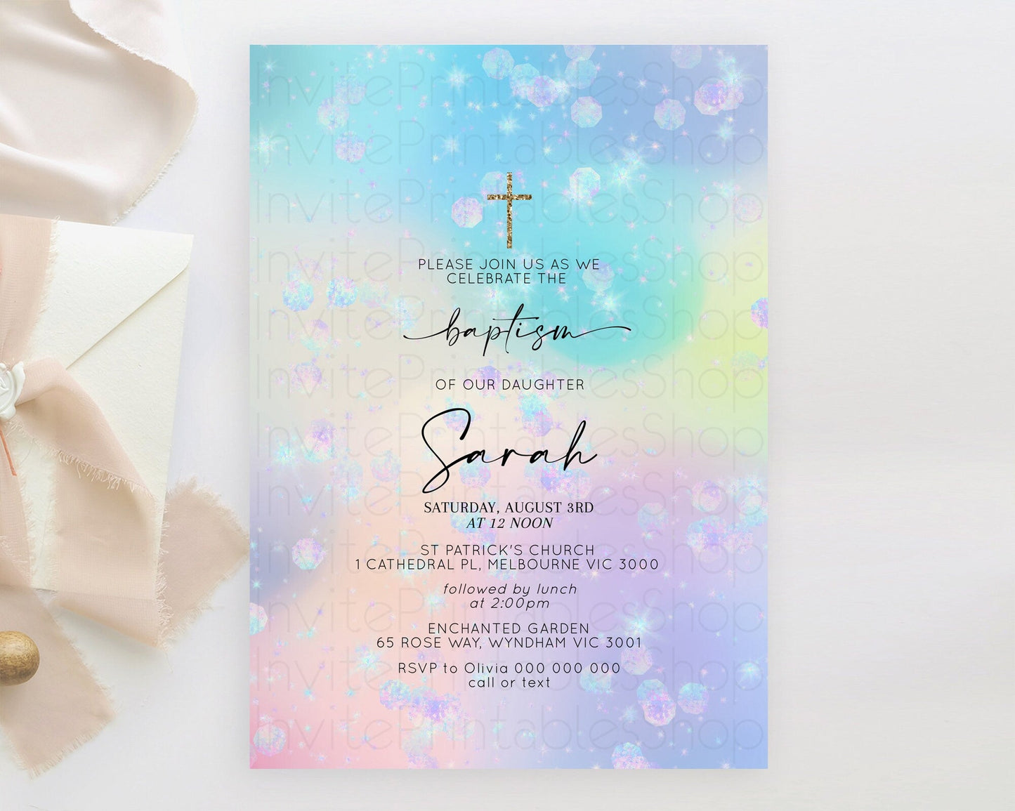Rainbow Baptism Invitation Colorful Pastel Watercolor Baptism 1st Birthday Invitation Iridescent Glitter Sprinkles Ombre Christening D10665