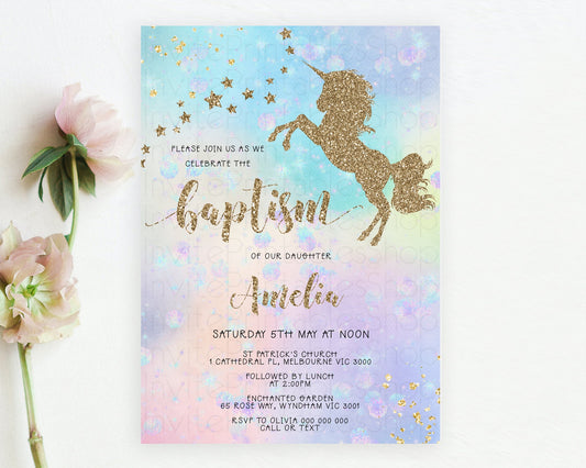 Editable Unicorn Rainbow Baptism Invitation Pastel Baptism Birthday Invitati