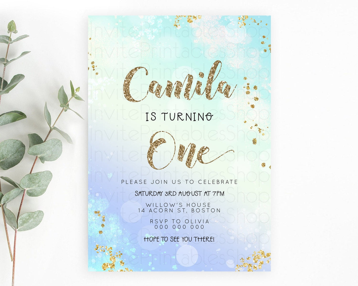 Rainbow Birthday Invitation Colorful Pastel Watercolor Invitation Gold Glitter Sprinkles Ombre Pastel 1st 2nd 3rd Birthday D23117