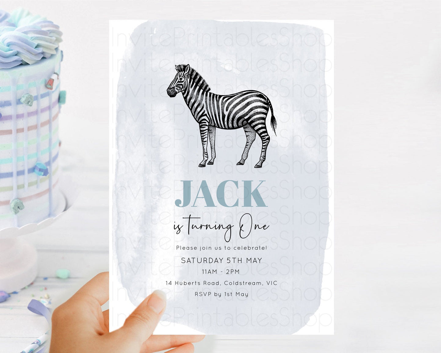 Zebra Birthday Invitation Zebra Invite Jungle Safari invite Watercolor Tropical Palm Invite Adventure Zoo Party Wild Animal Party D10814