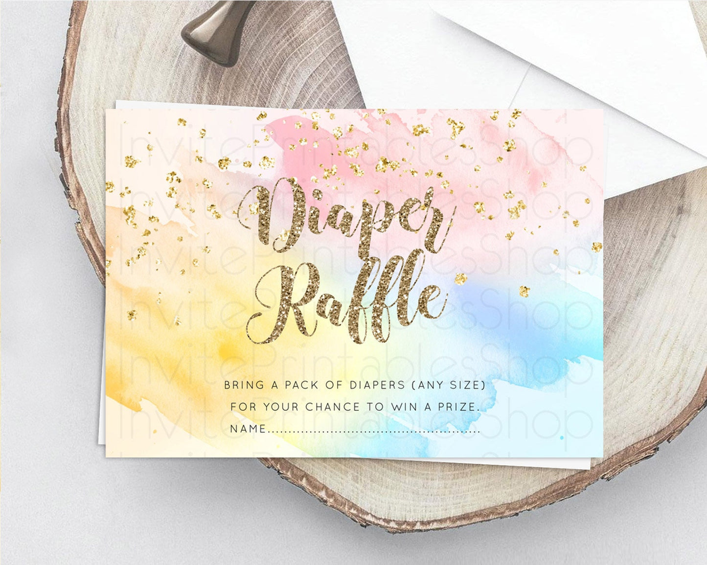 Pastel Diaper Raffle Card Pastel Rainbow Diaper Raffle Insert Colorful Ombre Watercolor Diaper Ticket Confetti Glitter Raffle Game D10556