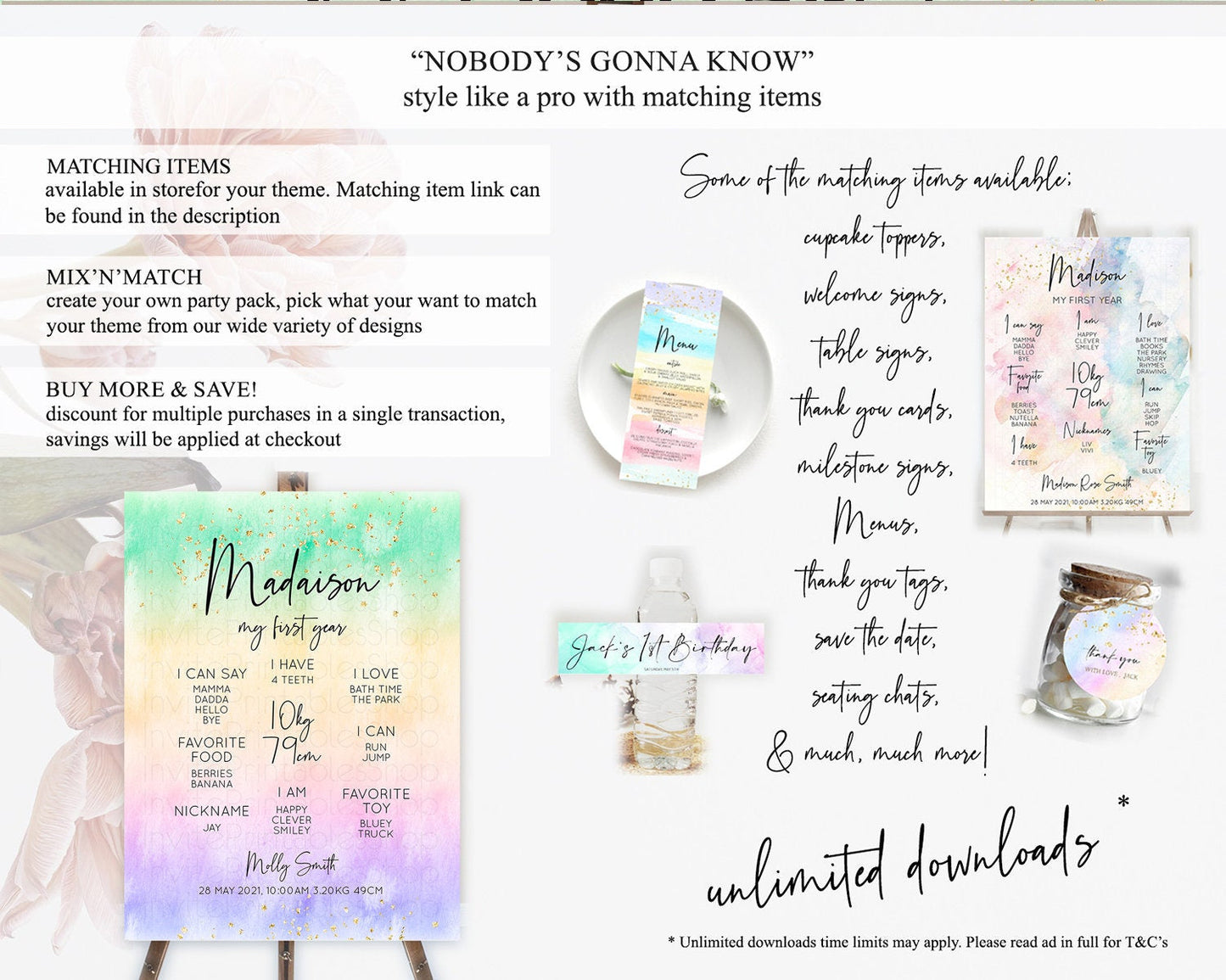 Pastel First Birthday Milestone Board Pastel Rainbow Milestone Poster Colorful Confetti Watercolor Glitter 1st Birthday Welcome Sign D10485