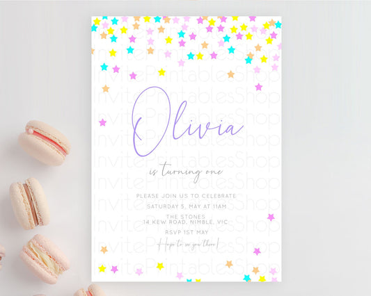 Star Birthday Invitation Pastel Stars Invite Shooting Star Party Rainbow Colorful Confetti Twinkle Little Star 2nd First Birthday D10397