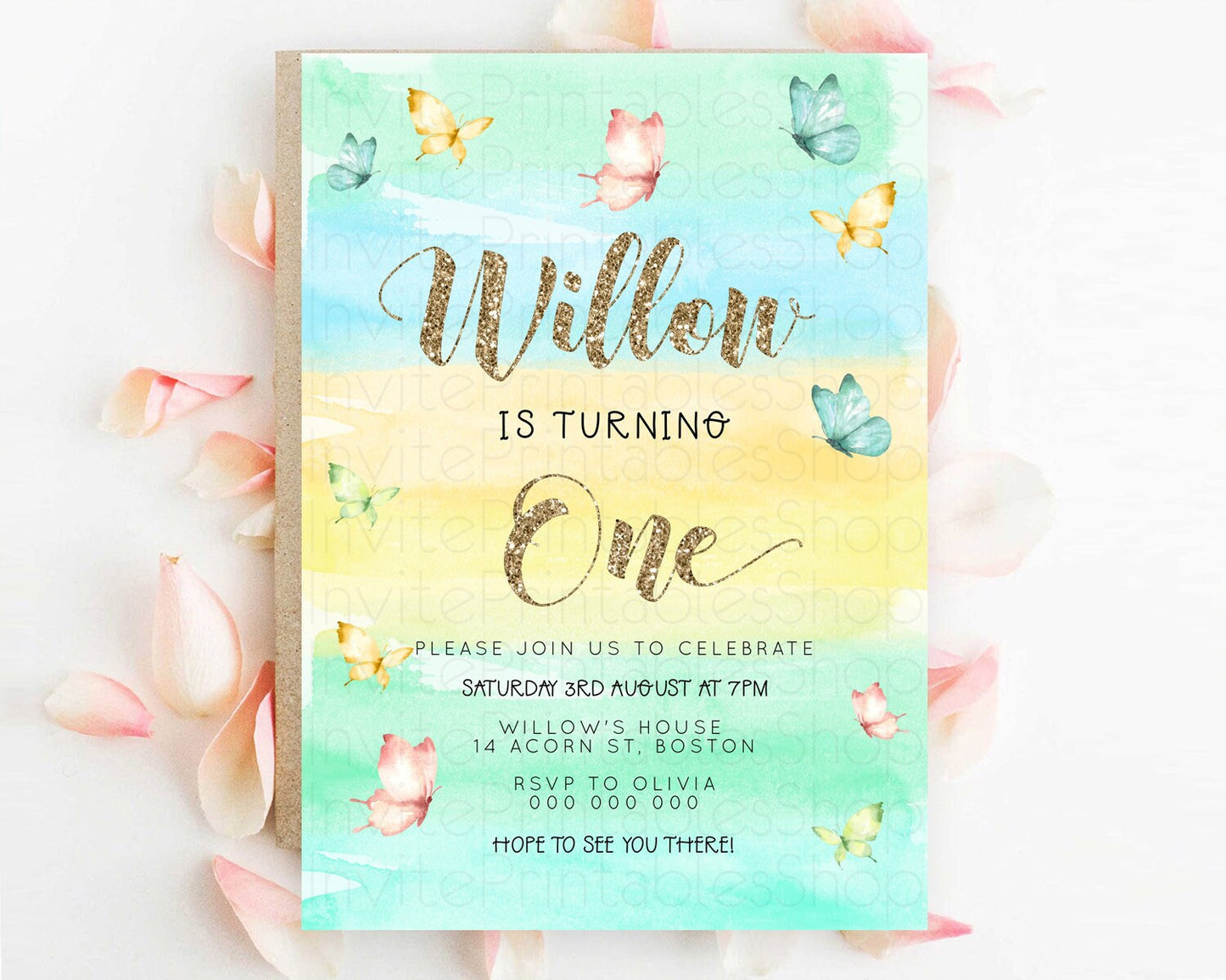 Pastel Butterfly Birthday Invitation Butterfly Birthday Invitation Colorful Splash Glitter Butterfly Garden 1st 2nd Birthday D23222