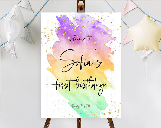 Pastel Welcome Sign Pastel Rainbow Welcome Sign Colorful Rainbow Confetti Watercolor Glitter Pastel First Birthday Welcome Sign D10518