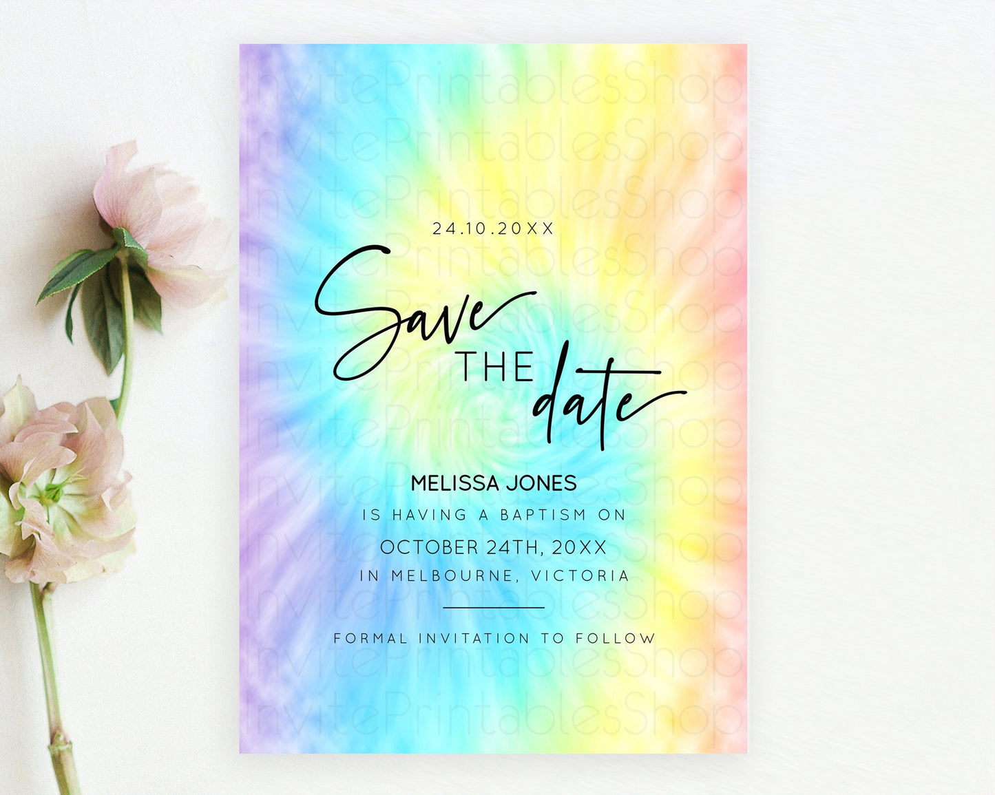 Tie Dye Save The Date Template Rainbow Pastel Ombre Watercolor Party For 1st Birthday Baptism Baby Shower Bridal Shower Wedding D10578