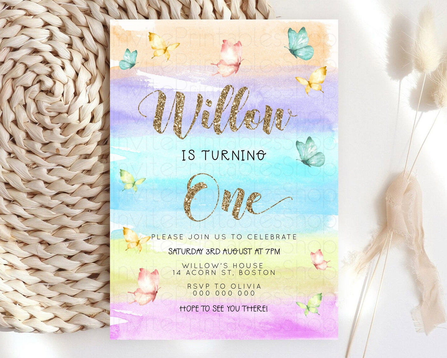 Pastel Butterfly Birthday Invitation Butterfly Birthday Invitation Colorful Splash Glitter Butterfly Garden 1st 2nd Birthday D23224