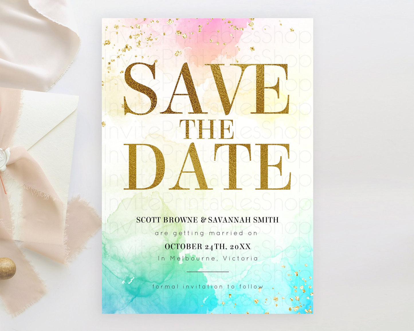 Pastel Save The Date Template Pastel Ombre Rainbow Watercolor Colorful Party For Birthday Baptism Baby Shower Wedding Bridal Shower D10770