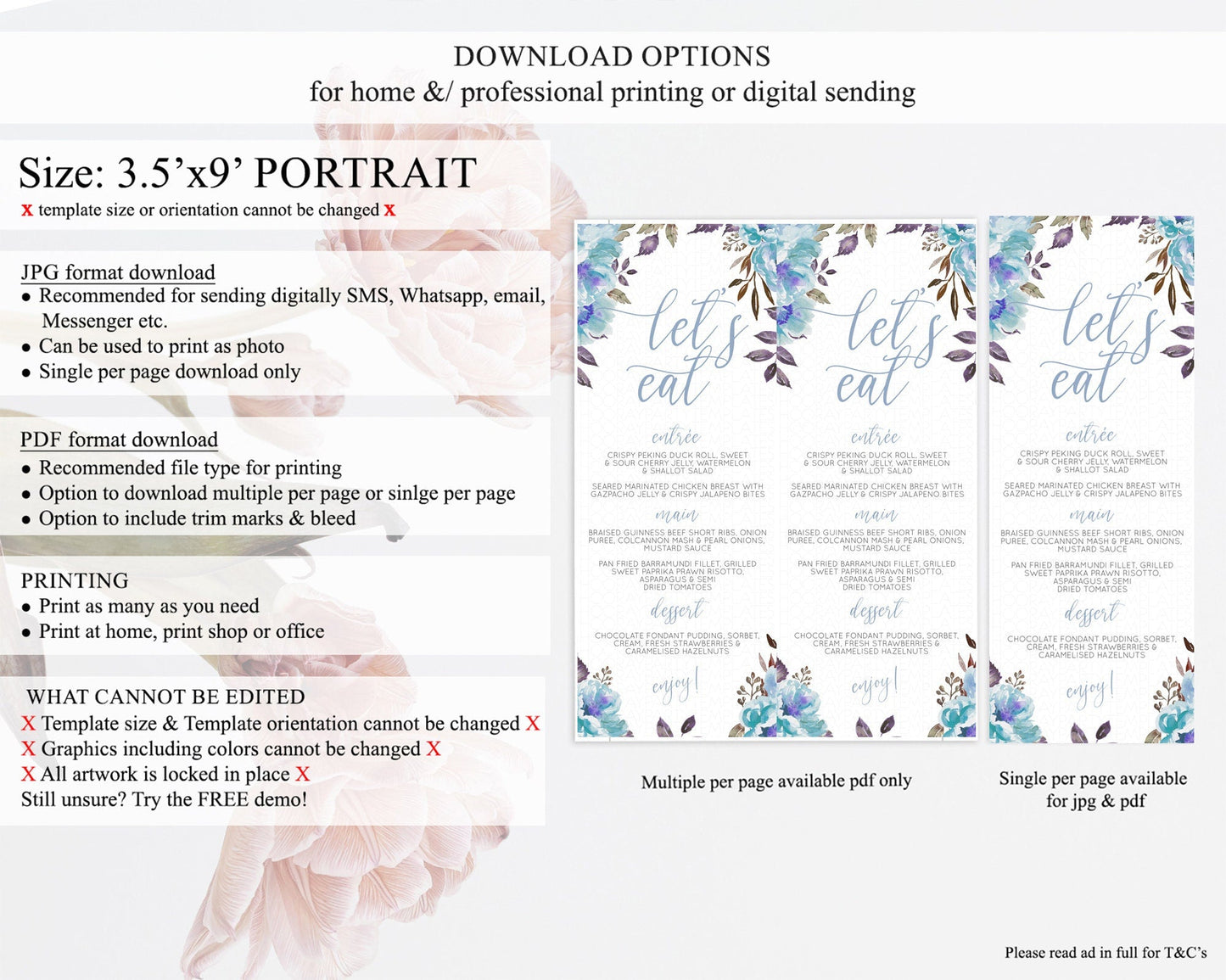 Secret Garden Menu Wildflower Menu Template Pastel Flower Garden Table Decor Boho Floral Dinner Dessert Floral Party Food Menu D10730