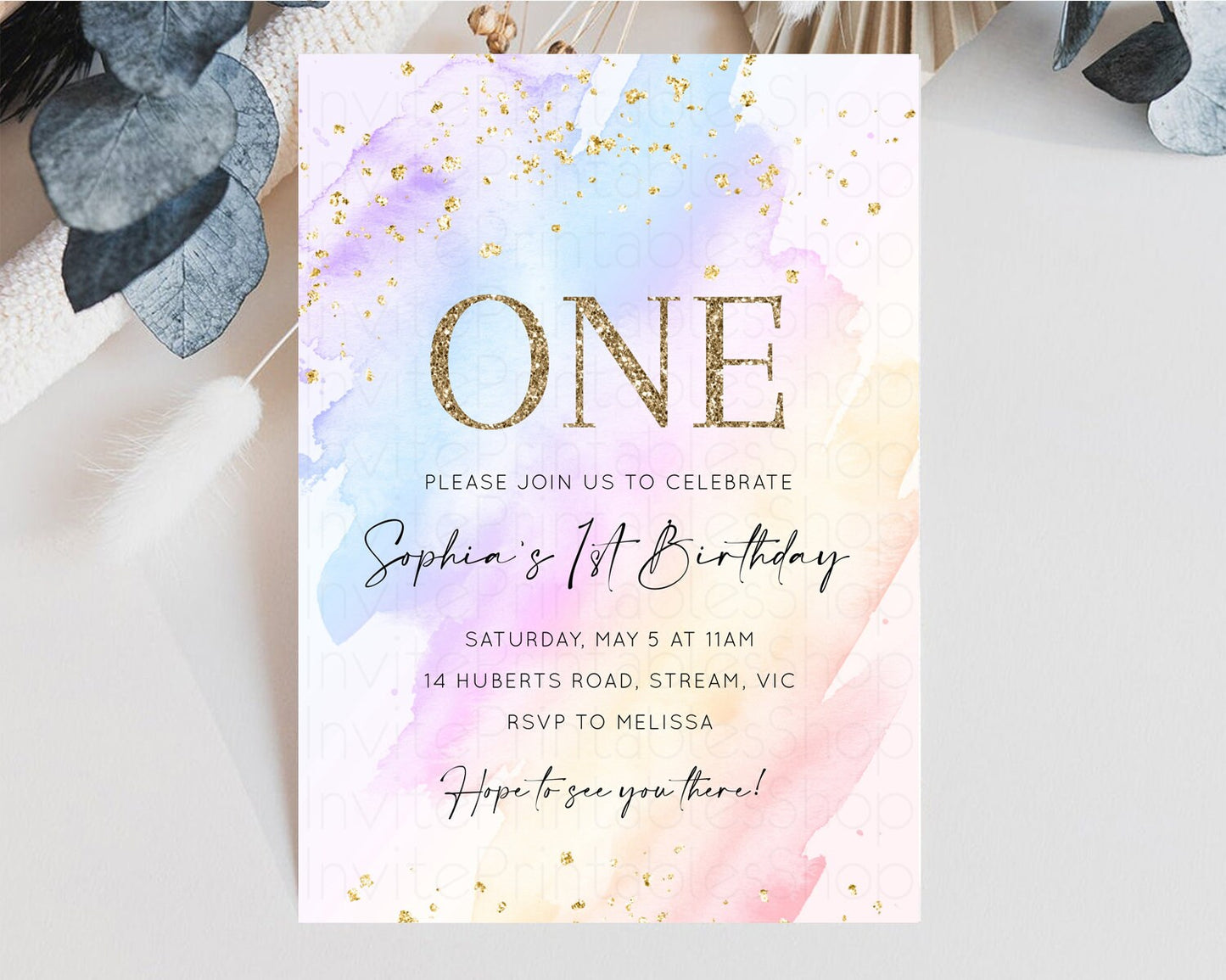 Rainbow Birthday Invitation Glitter Pastel Invitation Colorful Watercolor Gold Foil Splatter Sprinkle Ombre 1st 2nd 3rd Birthday Invite t600