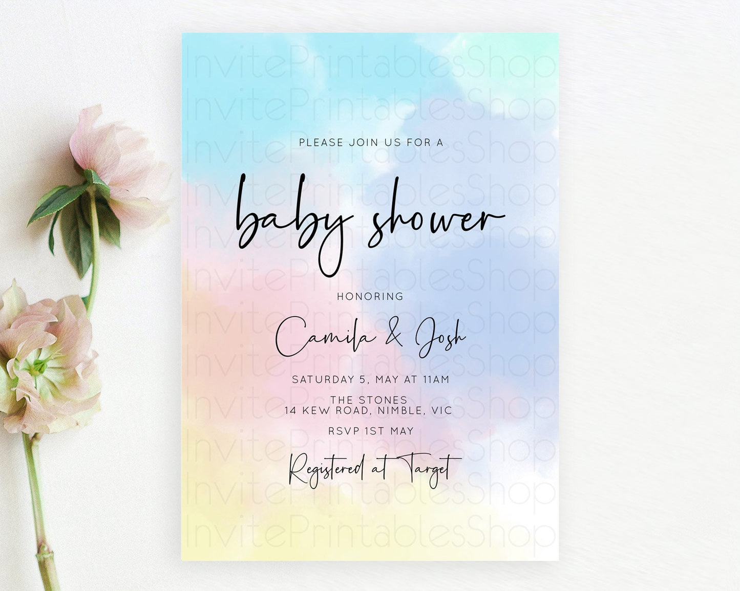 Pastel Baby Shower Invitation Rainbow Baby Shower Invitation Colorful Pastel Watercolor Invitation Gold Glitter Sprinkles Ombre D10373