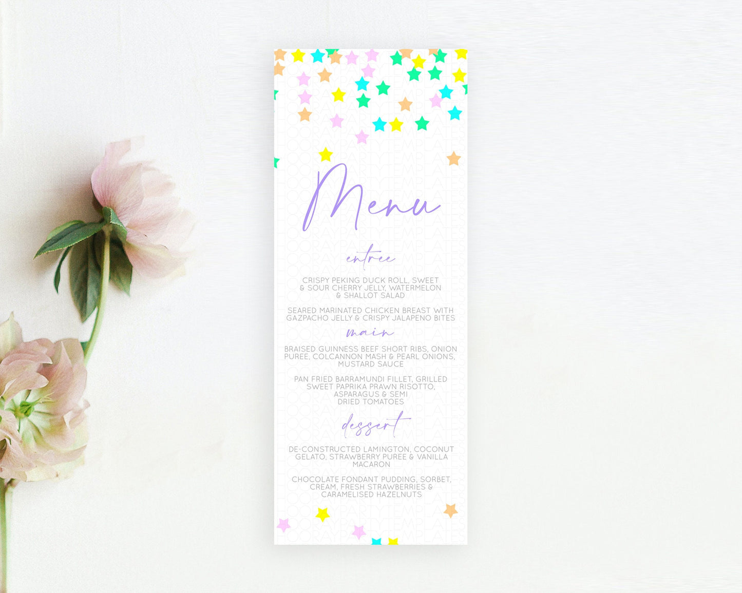 Star Menu Template Pastel Stars Menu Shooting Star Twinkle Little Star Decor Rainbow Colorful Confetti Dinner Dessert Food Menu D10395