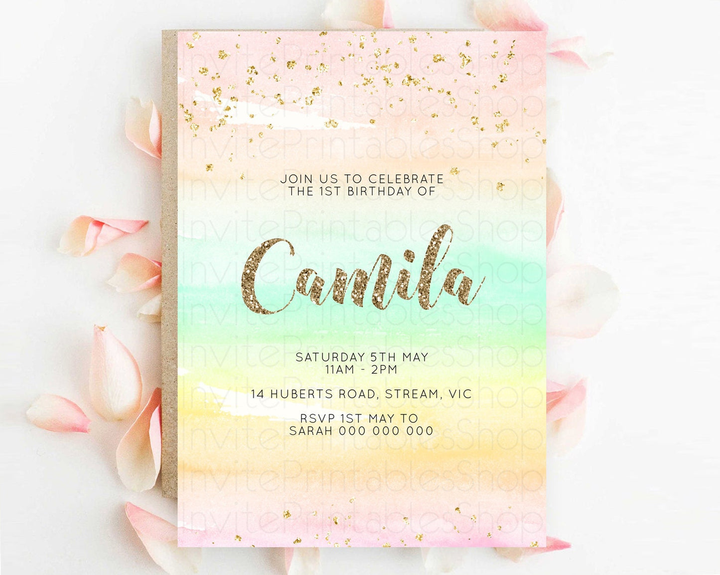 Rainbow Birthday Invitation Colorful Pastel Watercolor Invitation Gold Glitter Sprinkles Ombre Pastel 1st 2nd 3rd Birthday D10592