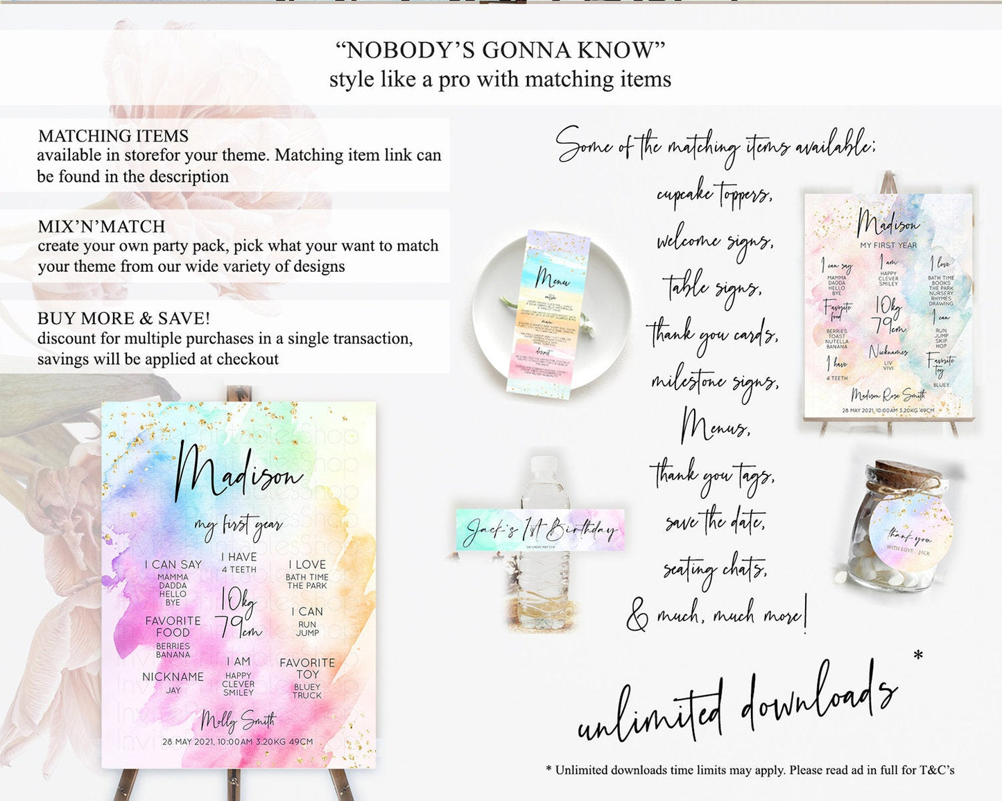 Pastel First Birthday Milestone Board Pastel Rainbow Milestone Poster Colorful Confetti Watercolor Glitter 1st Birthday Welcome Sign D10449