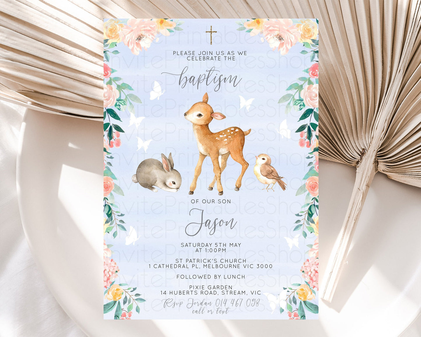 Fawn Baptism Invitation Deer Baptism 1st Birthday Invitation Enchanted Forest Christening Invitation Pastel Garden Butterfly Floral D10920