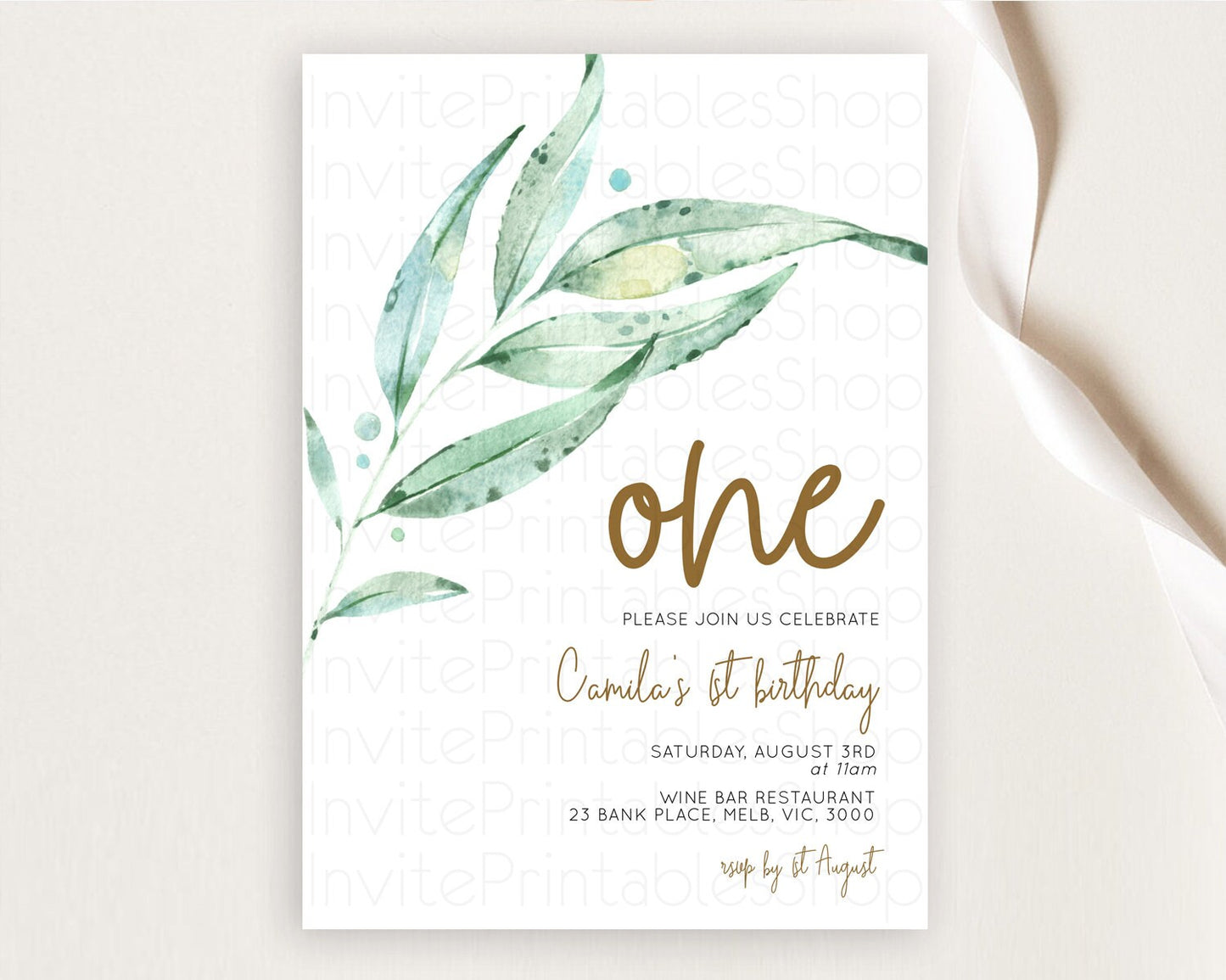 Leafy Birthday Invitation Leafy Invitation Simple Greenery Invitation Eucalyptus Fern Spray Leaves Minimal Green Leaf Watercolour D11014