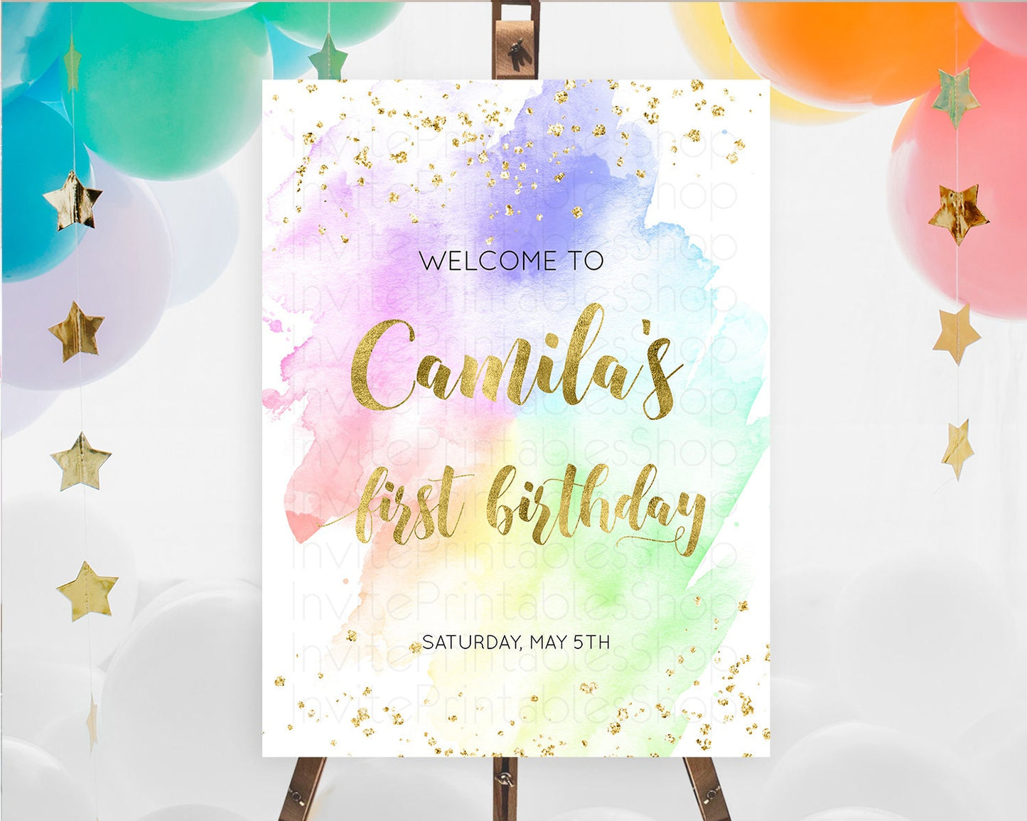 Pastel Welcome Sign Pastel Rainbow Welcome Sign Colorful Rainbow Confetti Watercolor Glitter Pastel First Birthday Welcome Sign D10876