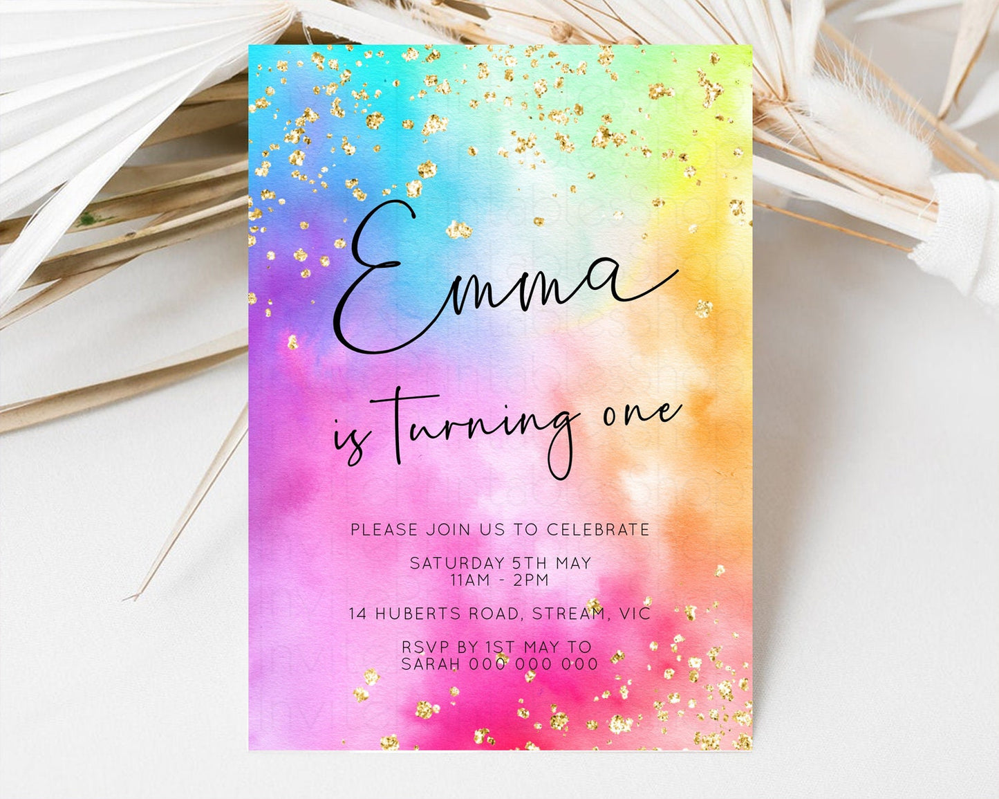 Pastel Rainbow Rainbow Birthday Invitation Colorful Tie Dye Invite Ombre Watercolor Invite Splash Glitter Sprinkle Invite 1st 2nd 3rd 509