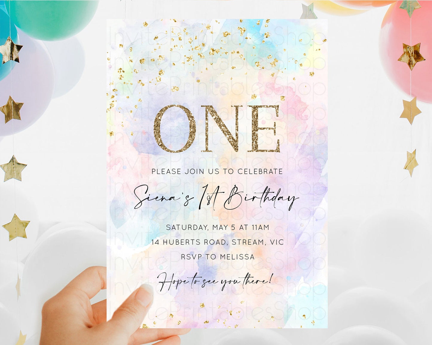 Rainbow Birthday Invitation Colorful Pastel Watercolor Invitation Gold Glitter Sprinkles Ombre Pastel 1st 2nd 3rd Birthday D10605