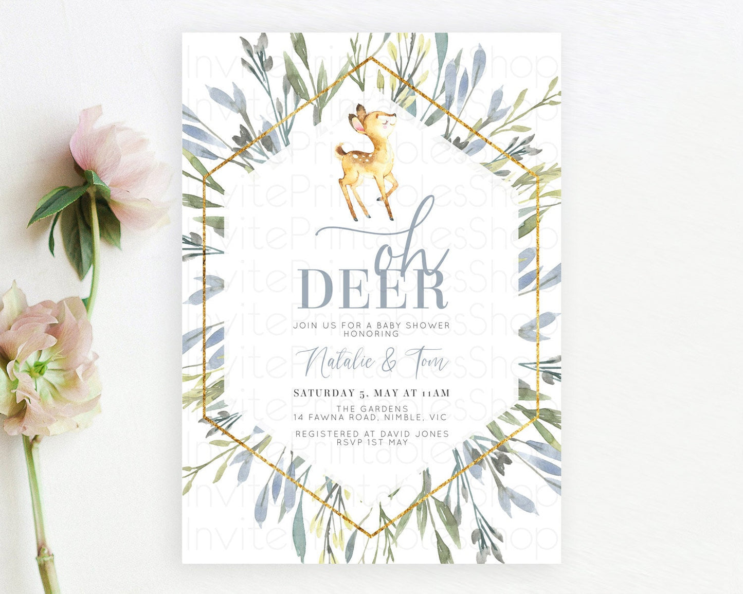 Fawn Baby Shower Invitation Deer Baby Shower Invites Enchanted Forest Theme Butterfly Pastel Flowers Whimsical Baby Shower D10400