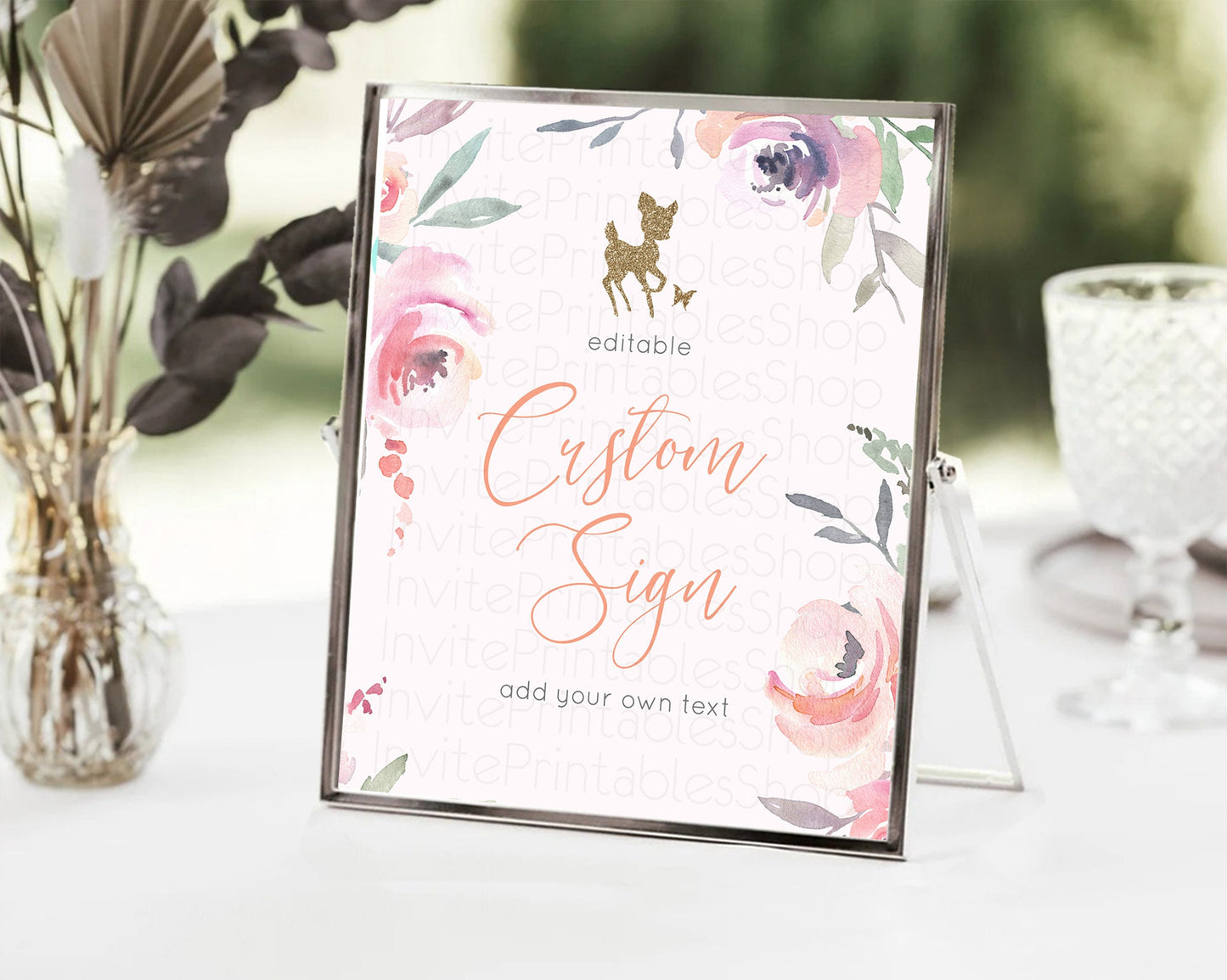 Fawn Deer Sign Pastel Floral Deer Table Sign Decor  Enchanted Forest Butterfly Party 1st Birthday Baptism Baby Shower Bridal Shower D10196