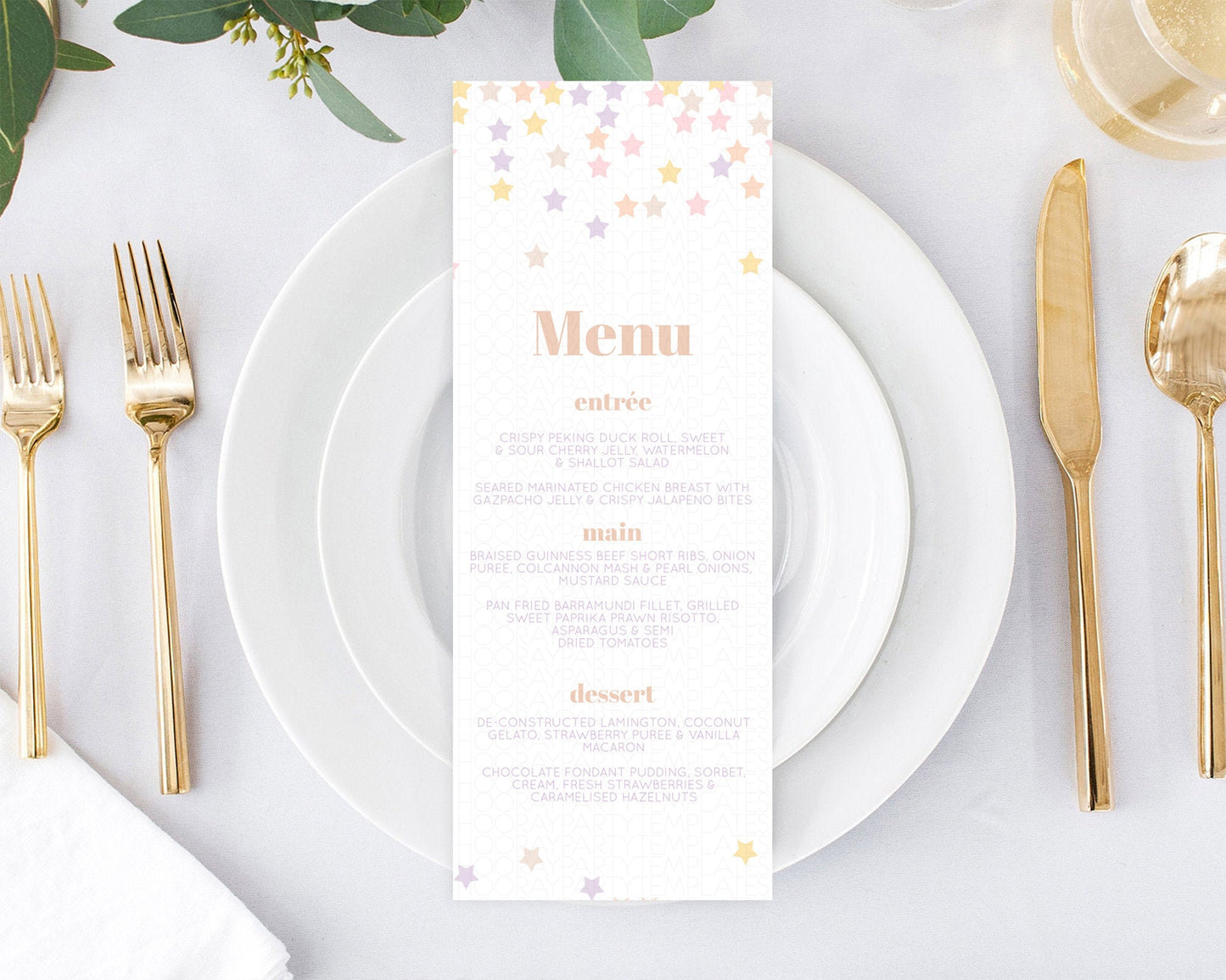 Star Menu Template Pastel Stars Menu Shooting Star Twinkle Little Star Decor Rainbow Colorful Confetti Dinner Dessert Food Menu D10810