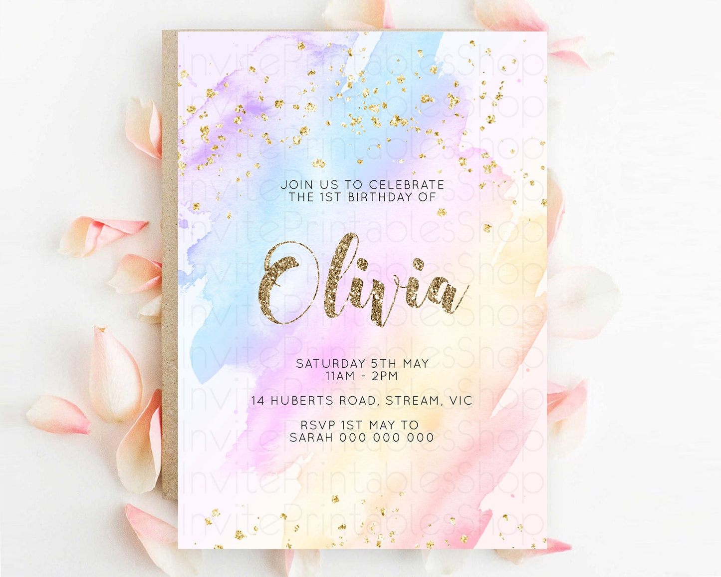 Rainbow Birthday Invitation Colorful Pastel Watercolor Invitation Gold Glitter Sprinkles Ombre Pastel 1st 2nd 3rd Birthday D10633