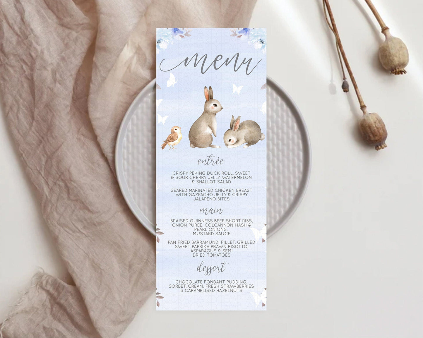 Bunny Menu Floral Bunny Menu Template Pastel Flowers Bunny Table Decor Secret Garden Bunny Dinner Dessert Menu Party Food Menu D10923