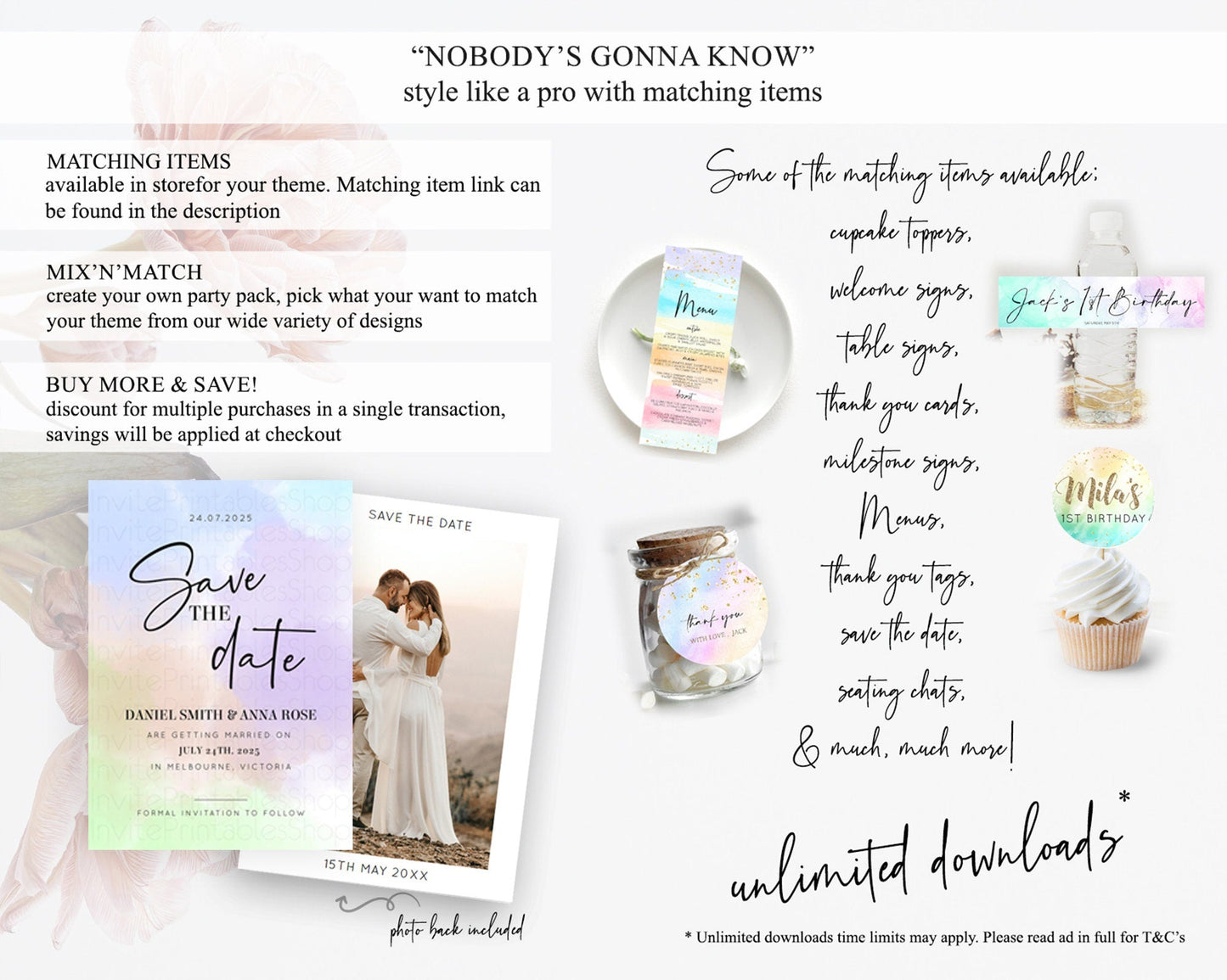 Pastel Save The Date Template Pastel Ombre Rainbow Watercolor Colorful Party For Birthday Baptism Baby Shower Wedding Bridal Shower D10371