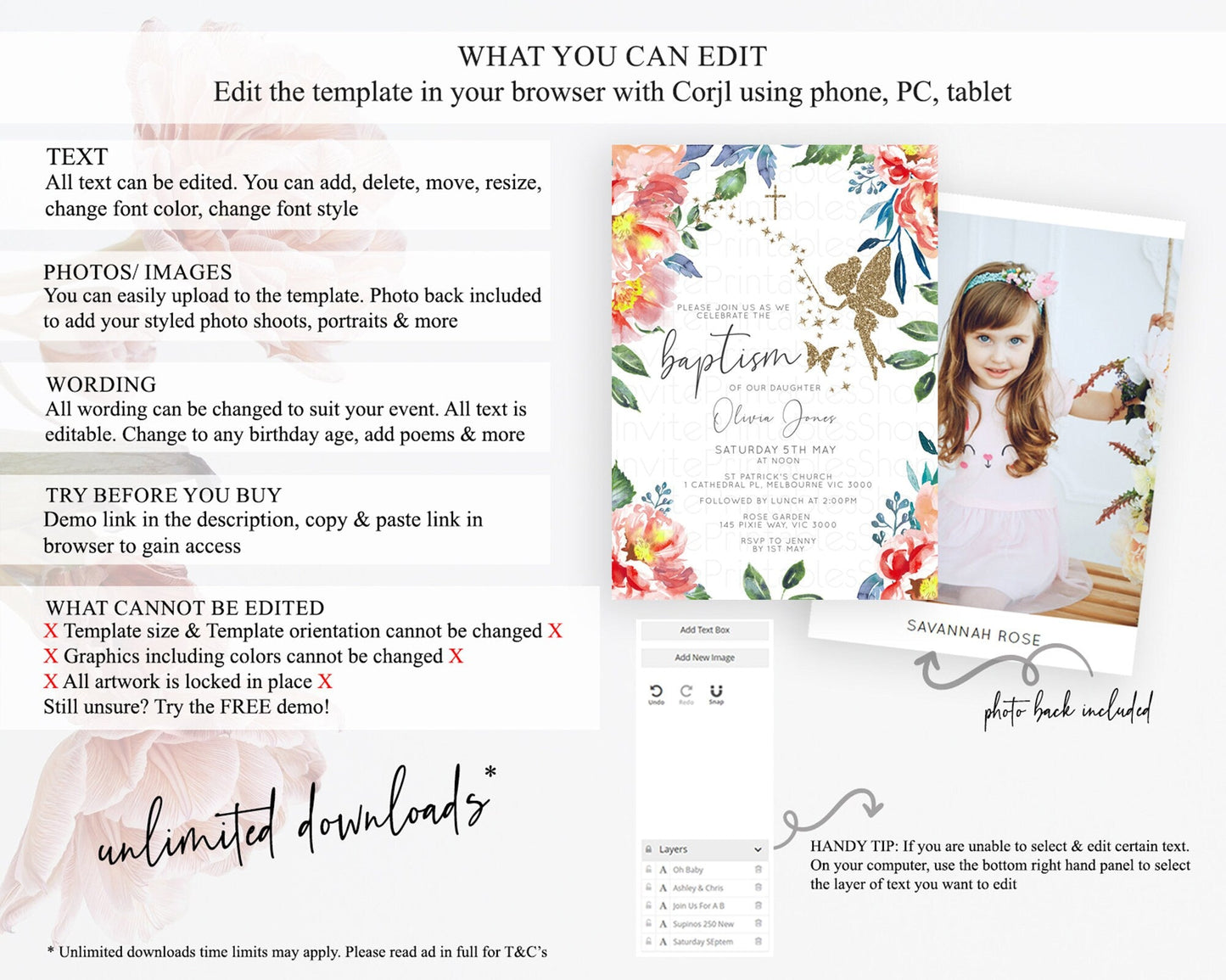 Fairy Baptism Invitation Fairy Baptism 1st Birthday Invitation Enchanted Secret Garden Christening Invite Pastel Floral Butterfly D10752