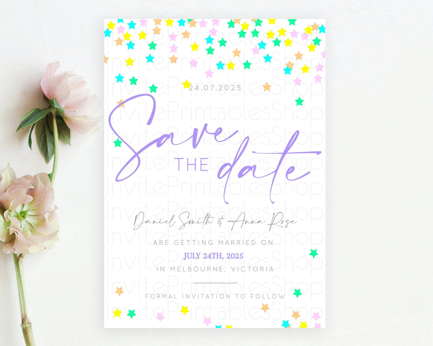 Twinkle Stars Save The Date Template Pastel Twinkle Little Star Party Shooting Star Confetti Sprinkles Birthday Baptism Baby Shower D10395