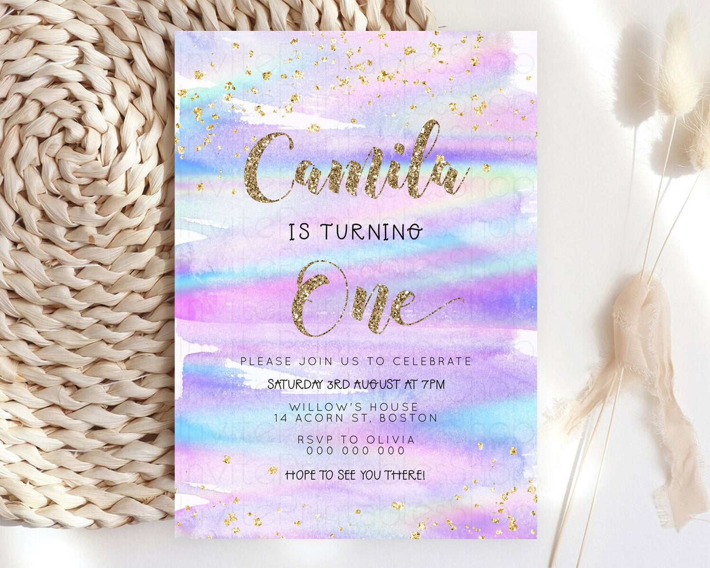 Rainbow Birthday Invitation Colorful Pastel Watercolor Invitation Gold Glitter Sprinkles Ombre Pastel 1st 2nd 3rd Birthday D23262