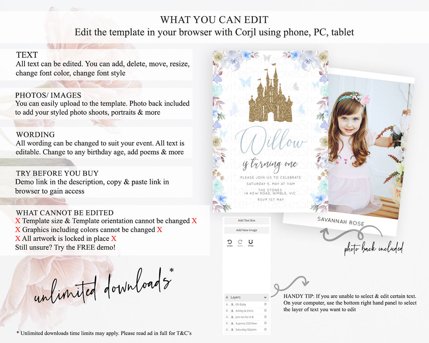 Princess Birthday Invitation Castle Invitation Royal Birthday Fairy Tale Enchanted Castle Pastel Floral Garden 1st First Birthday D10932