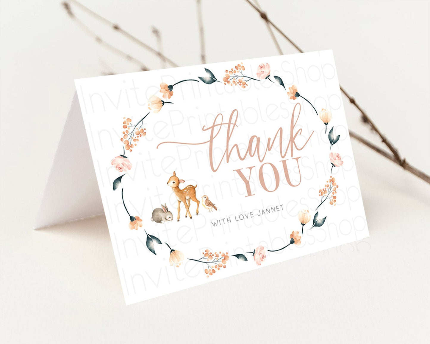 Fawn Thank You Deer Thank You Card Pastel Floral Deer Birthday Thank You Card Enchanted Forest Butterfly Deer Teacher Thank You Card D10241