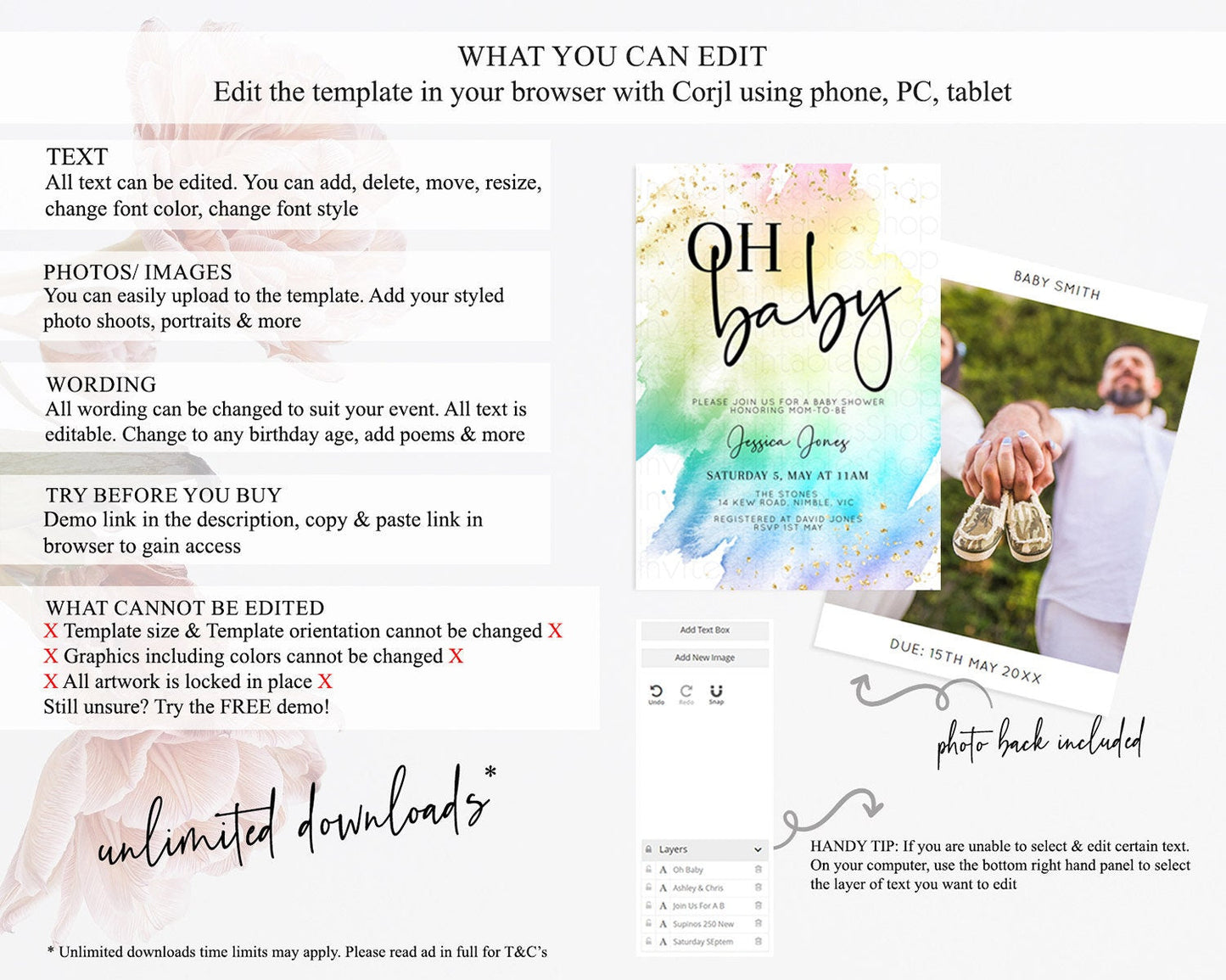 Pastel Baby Shower Invitation Rainbow Baby Shower Invitation Colorful Pastel Watercolor Invitation Gold Glitter Sprinkles Ombre D10279