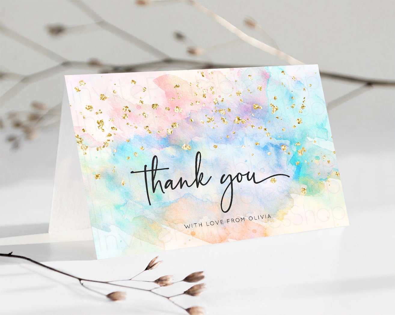 Pastel Rainbow Thank you Colorful Watercolor Folded Gift Cards Custom Note Message Glitter Birthday Engaged Baby Shower Wedding Guests 276v3
