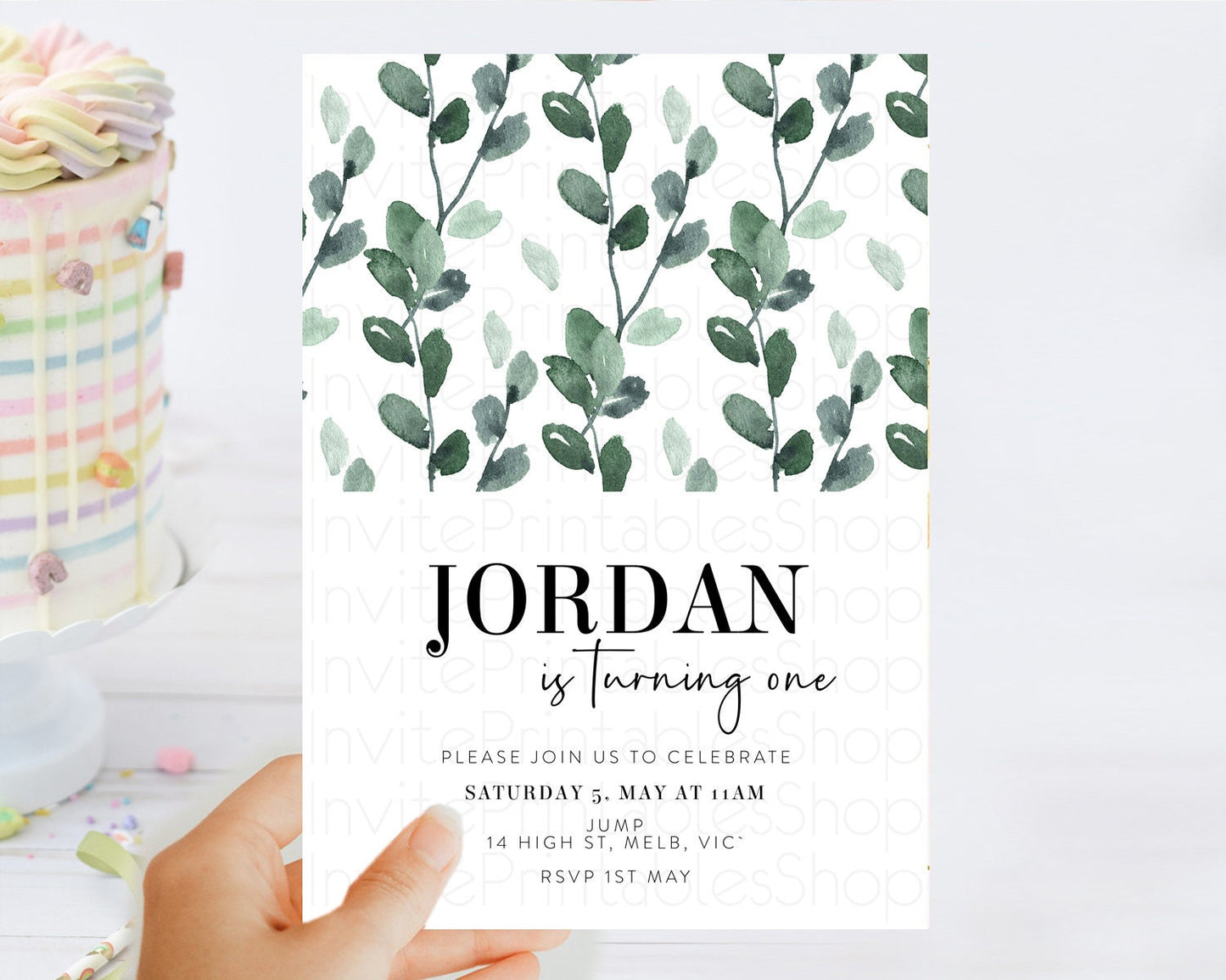 Leafy Birthday Invitation Leafy Invitation Simple Greenery Invitation Eucalyptus Fern Spray Leaves Minimal Green Leaf Watercolour D11059