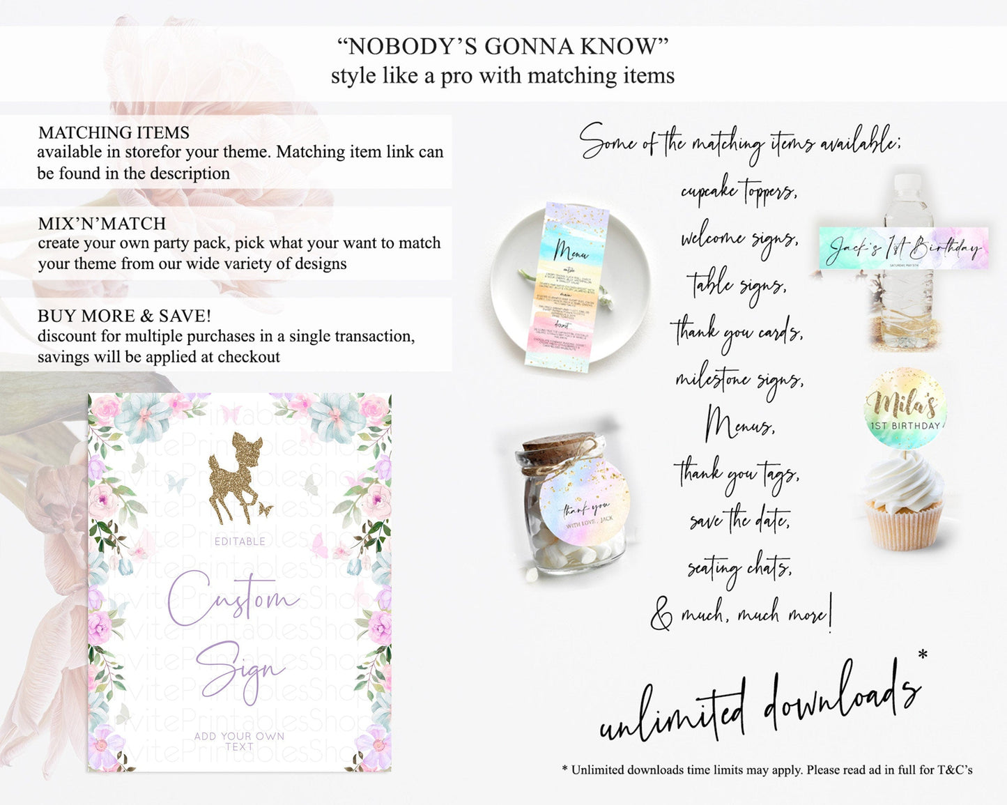 Fawn Deer Sign Pastel Floral Deer Table Sign Decor Enchanted Forest Butterfly Party 1st Birthday Baptism Baby Shower Bridal Shower D10476