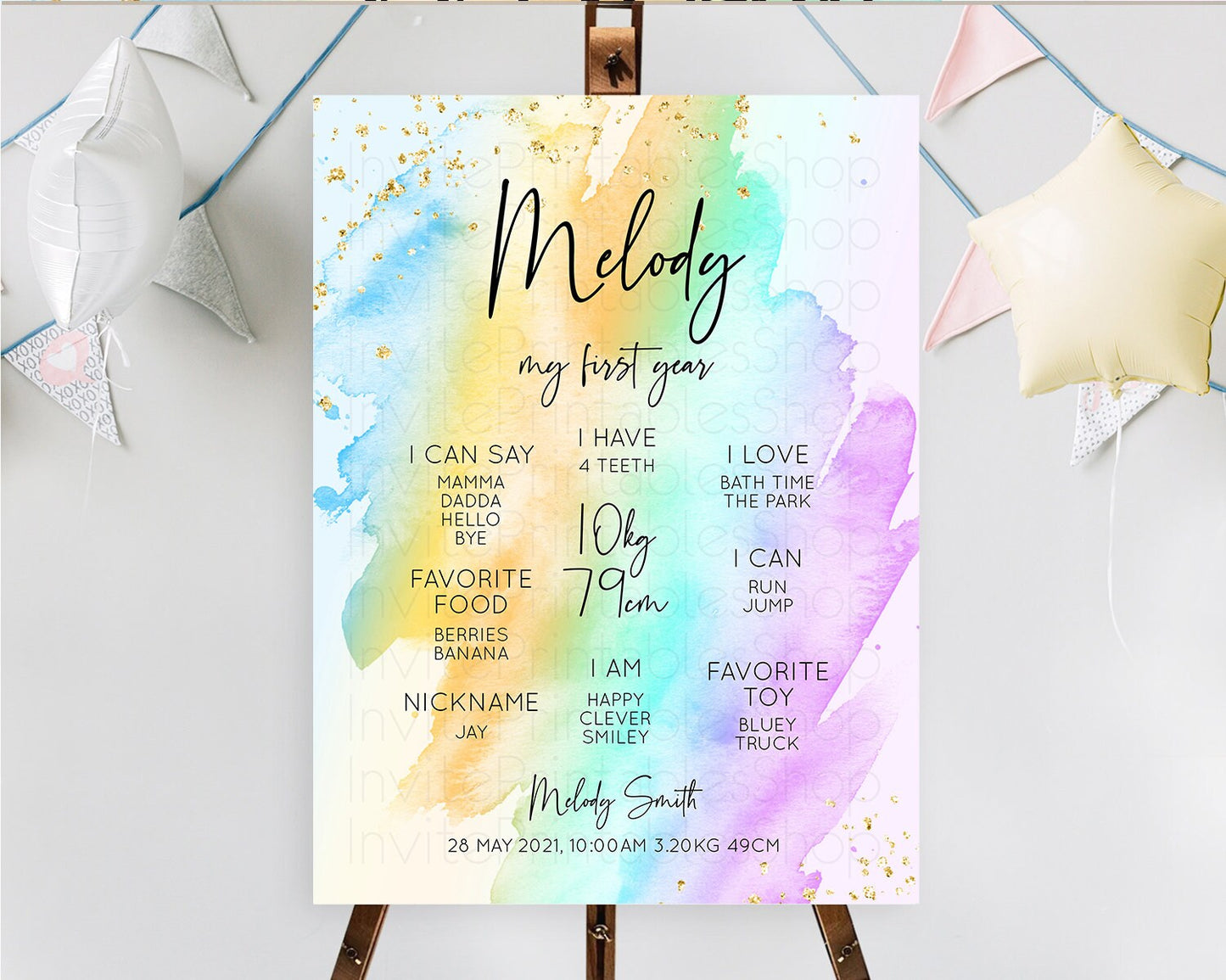 Pastel First Birthday Milestone Board Pastel Rainbow Milestone Poster Colorful Confetti Watercolor Glitter 1st Birthday Welcome Sign D10425