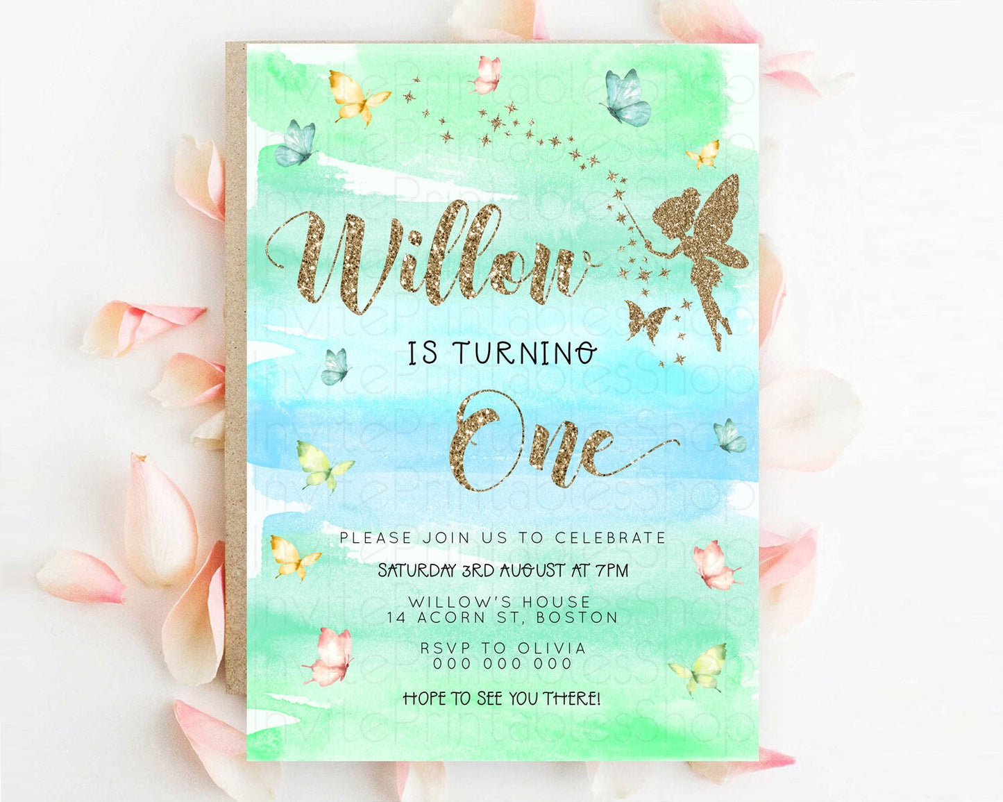 Pastel Fairy Birthday Invitation Pastel Butterflies Fairy Birthday Invitation Rainbow Ombre Watercolor 1st 2nd Birthday Invitation D23323