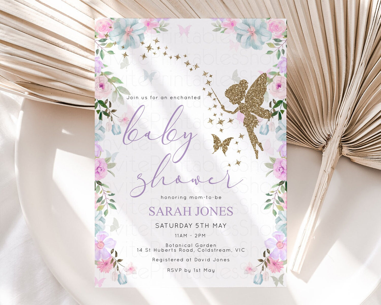 Fairy Baby Shower Invitation Fairy Garden Baby Shower Invitation Enchanted Garden Baby Shower Secret Garden Glitter Pastel Floral D10475