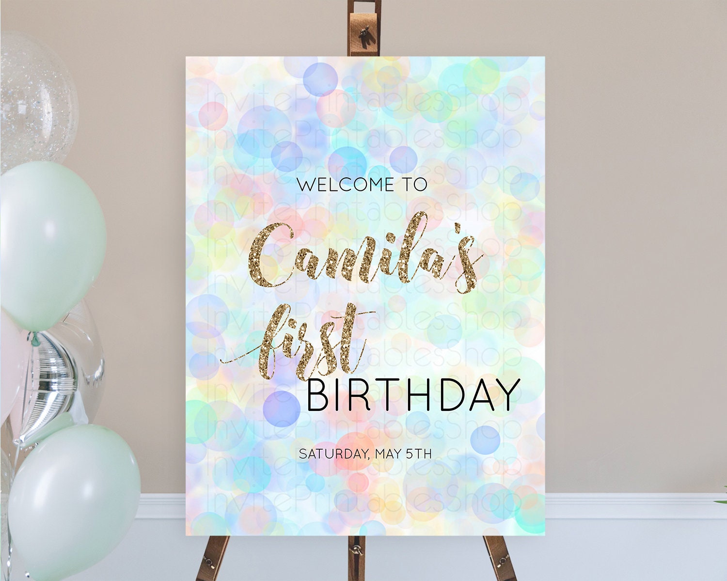 Editable Pastel Welcome Sign Bubble Bath Birthday Party Rainbow Welcome Boar