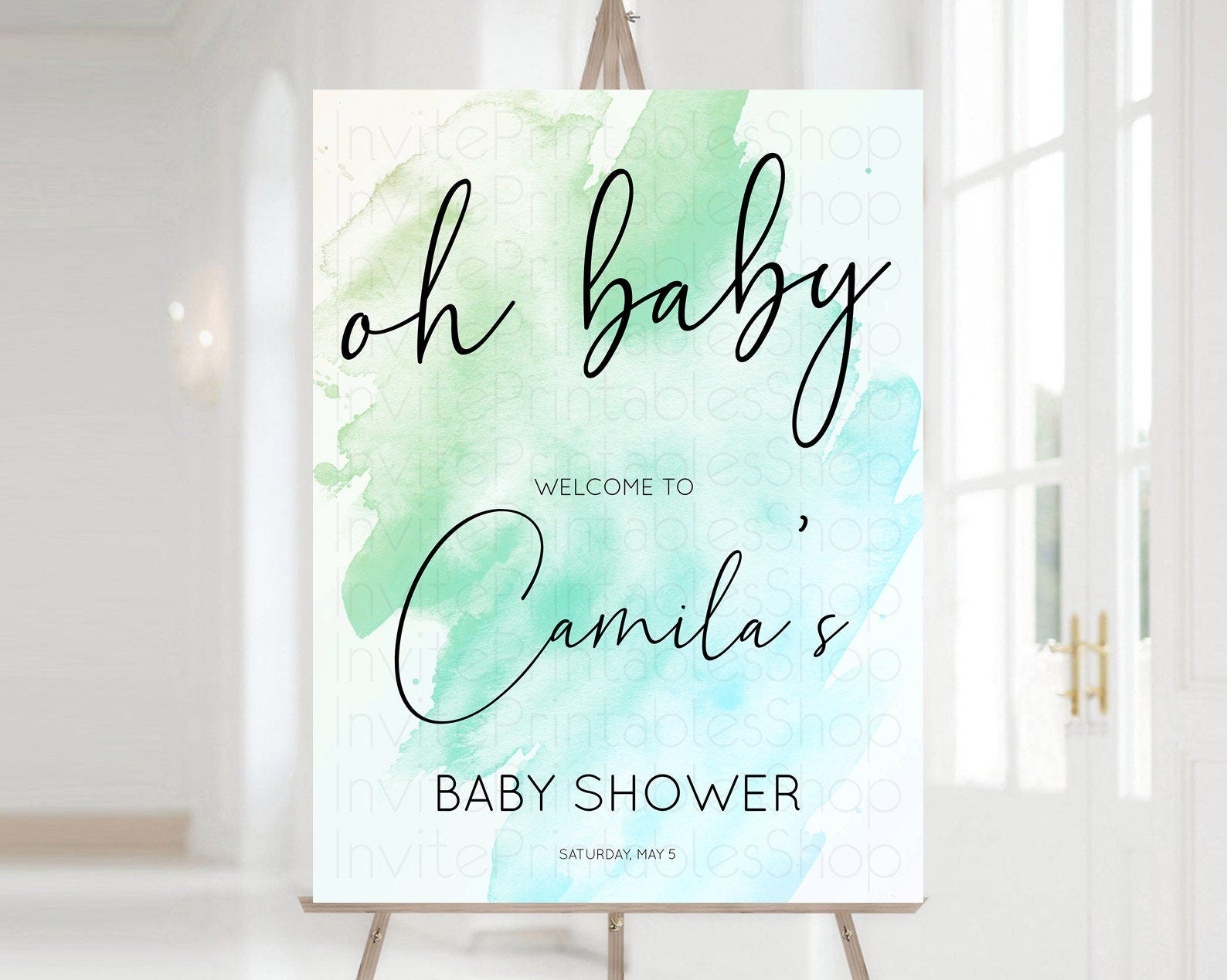 Editable Green Baby Shower Welcome Sign Green Watercolor Welcome Board Paste