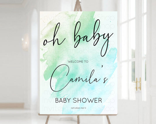 Editable Green Baby Shower Welcome Sign Green Watercolor Welcome Board Paste